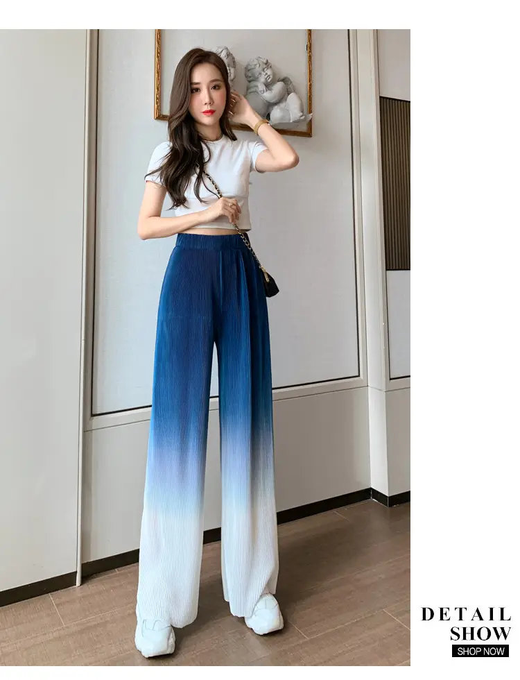 Women Blue Gradient Wide Leg Pants Summer Casual — feature 35