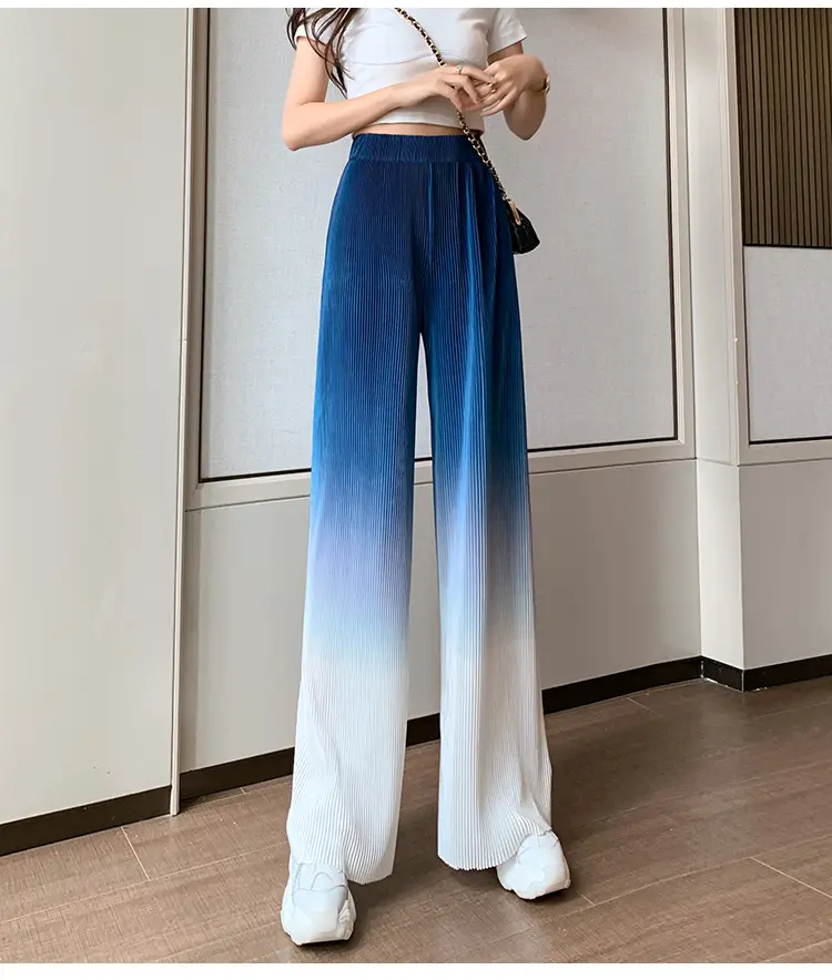 Women Blue Gradient Wide Leg Pants Summer Casual — feature 36