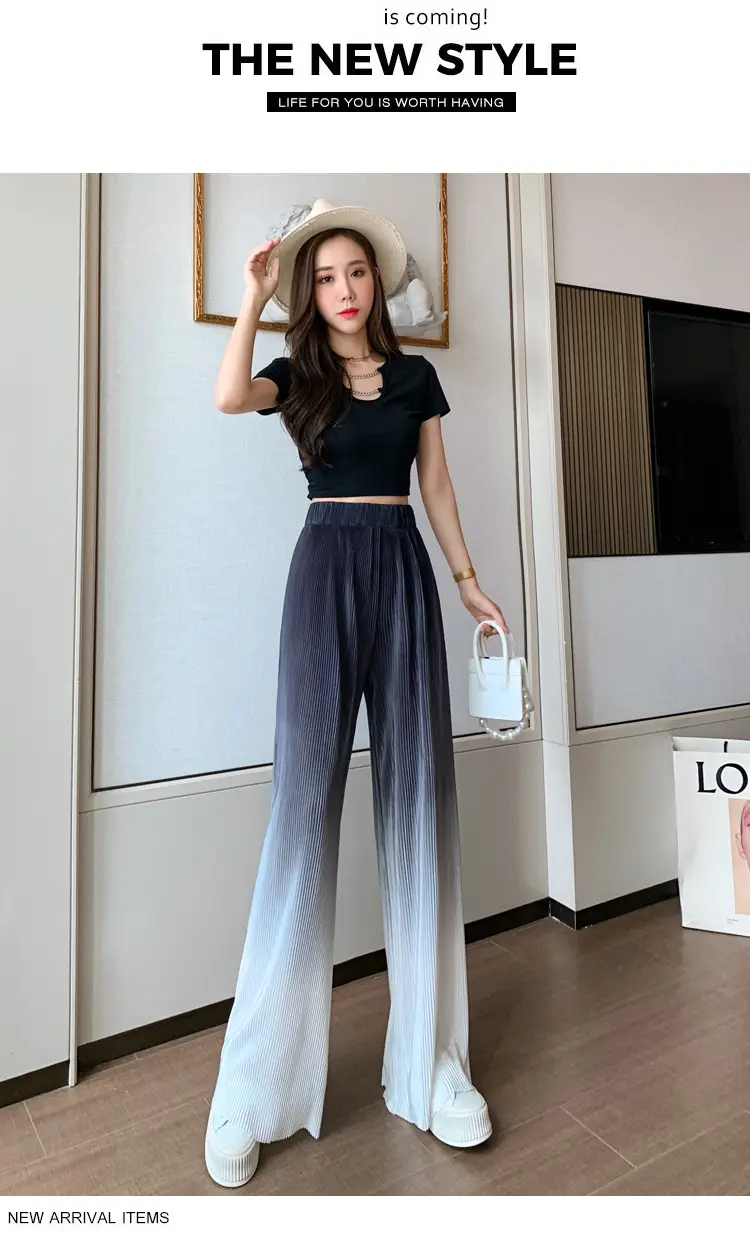 Women Blue Gradient Wide Leg Pants Summer Casual — feature 38