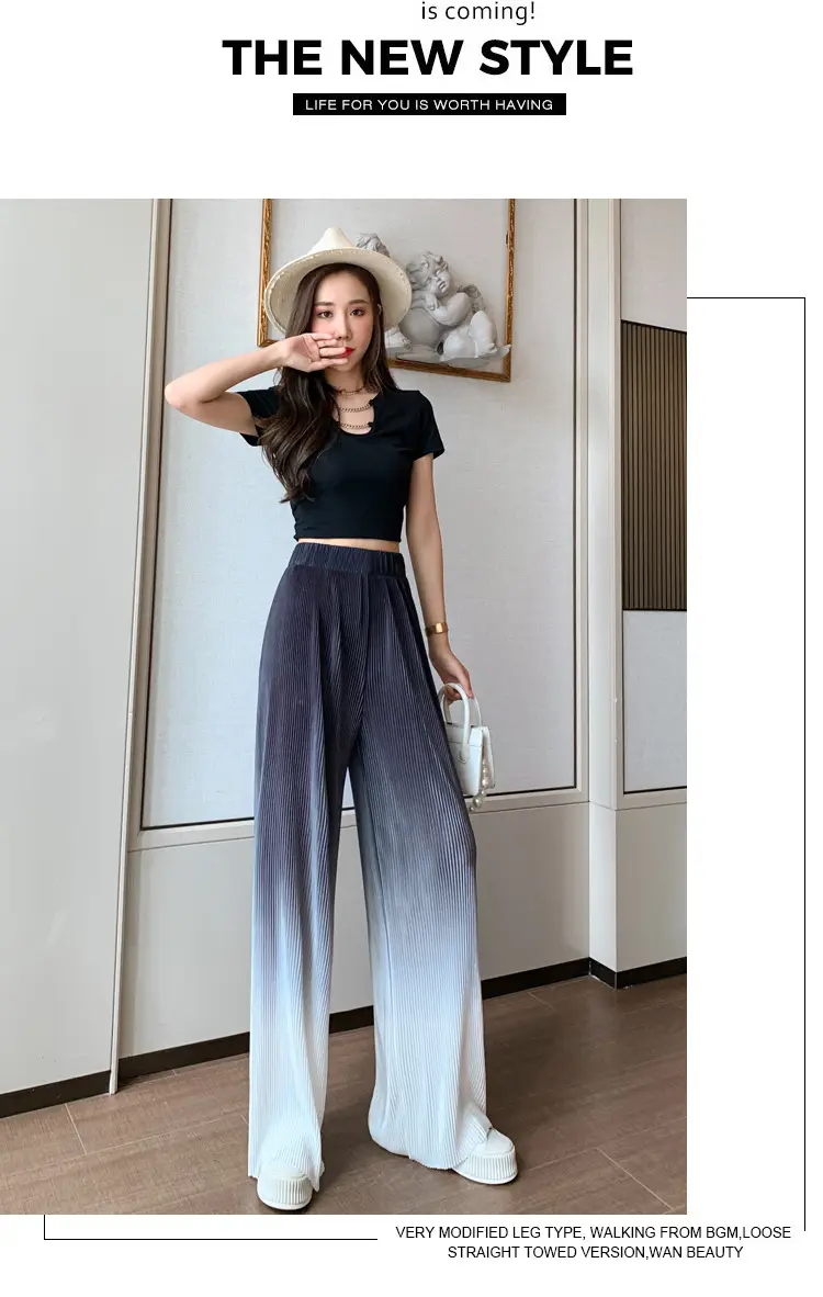 Women Blue Gradient Wide Leg Pants Summer Casual — feature 40