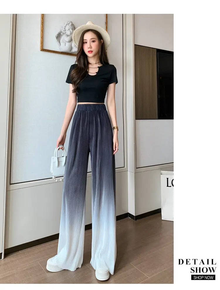 Women Blue Gradient Wide Leg Pants Summer Casual — feature 42