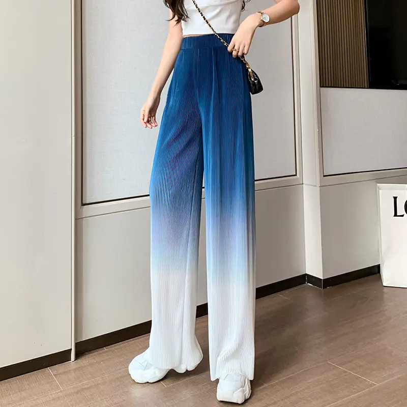 Women Blue Gradient Wide Leg Pants Summer Casual