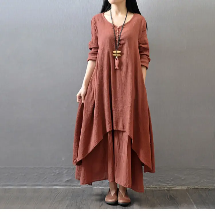Faux Linen Long Dress Artistic Flared Loose Sleeve - Image 8