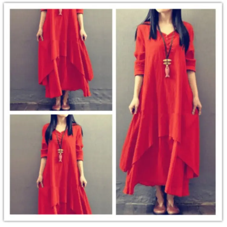 Faux Linen Long Dress Artistic Flared Loose Sleeve - Image 9