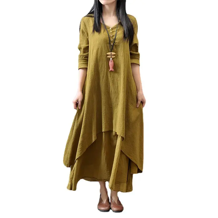 Faux Linen Long Dress Artistic Flared Loose Sleeve - Image 10