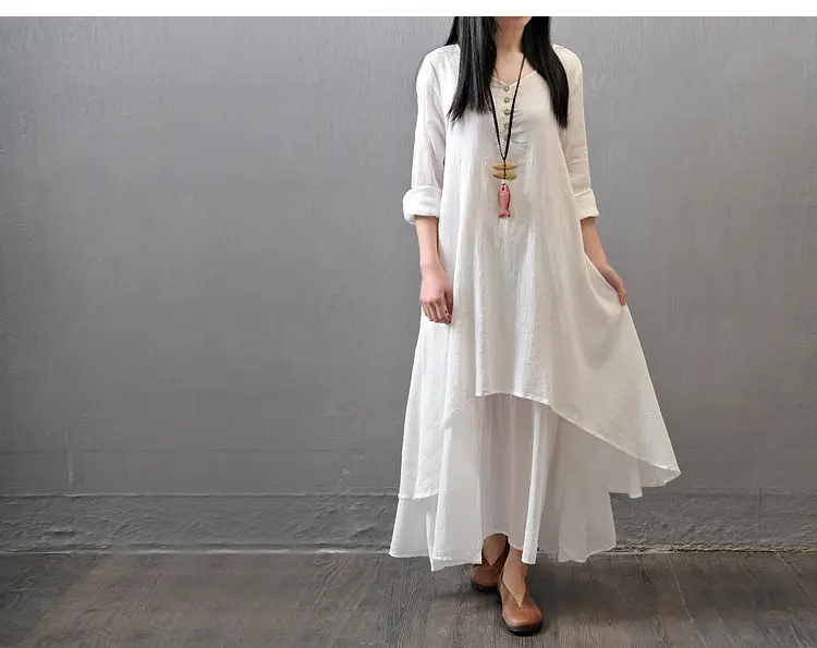 Faux Linen Long Dress Artistic Flared Loose Sleeve — feature 20