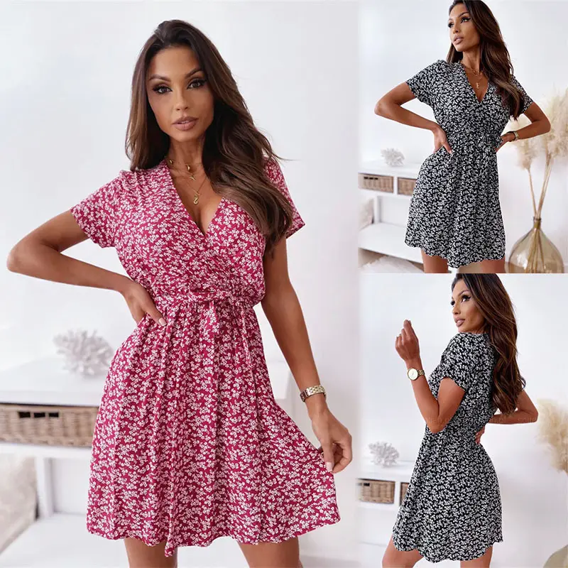 Women's Pink Floral V-Neck High Waist Skirt Dress - Image 3