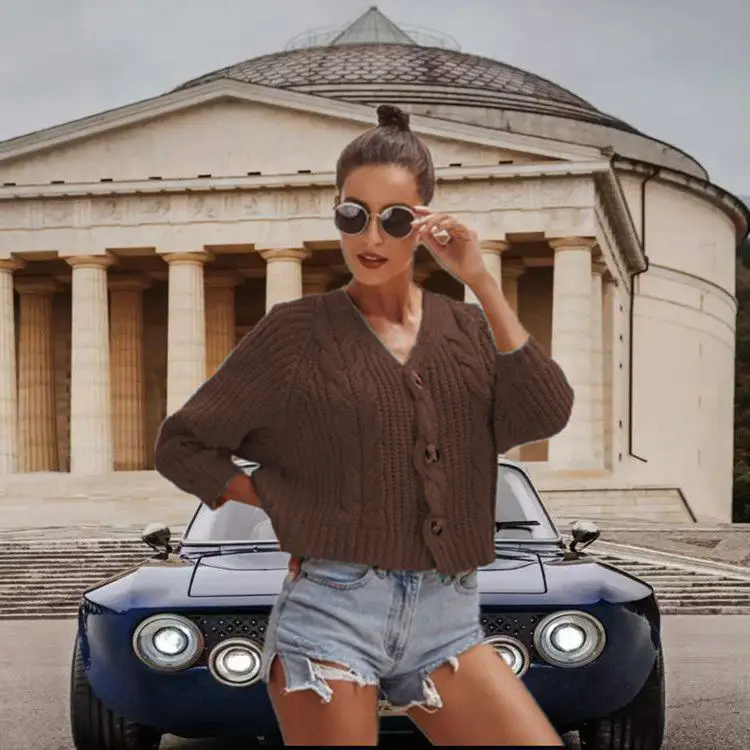 Women Button Knitted Sweater Short Cardigan Blue - Image 3