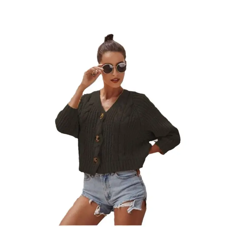 Women Button Knitted Sweater Short Cardigan Blue - Image 8
