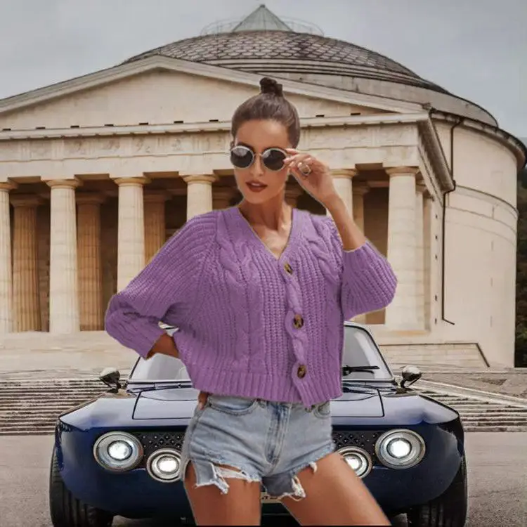 Women Button Knitted Sweater Short Cardigan Blue - Image 4