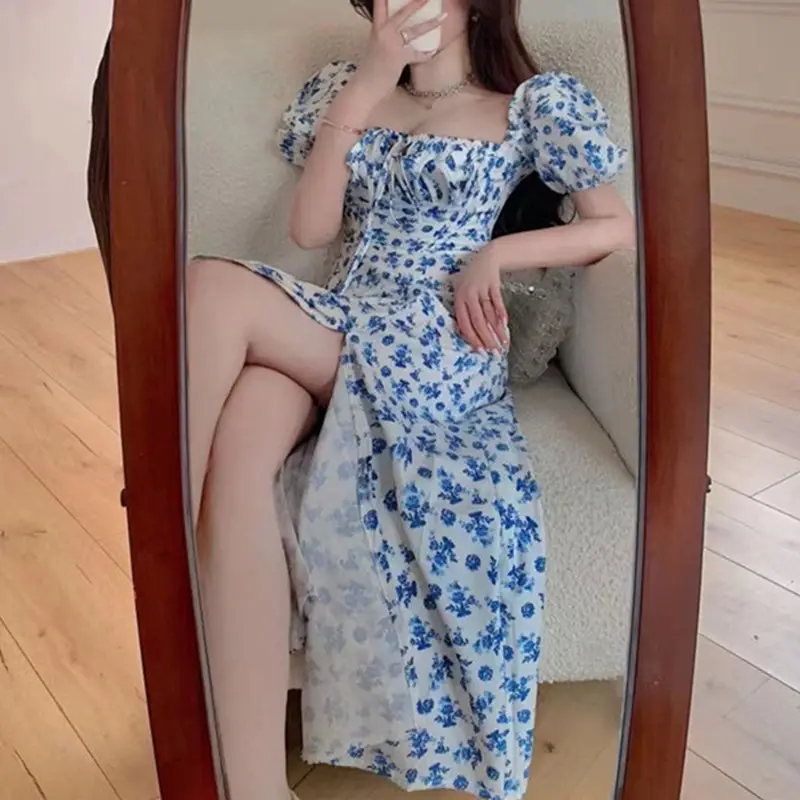 Blue Floral Long Split Dress Off-Shoulder Tea Break - Image 3