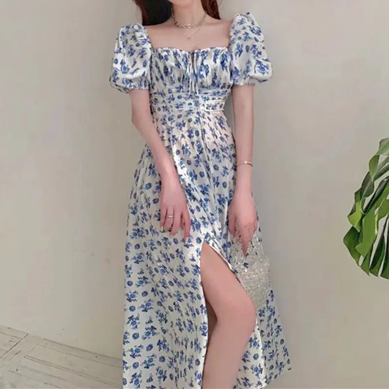 Blue Floral Long Split Dress Off-Shoulder Tea Break - Image 4