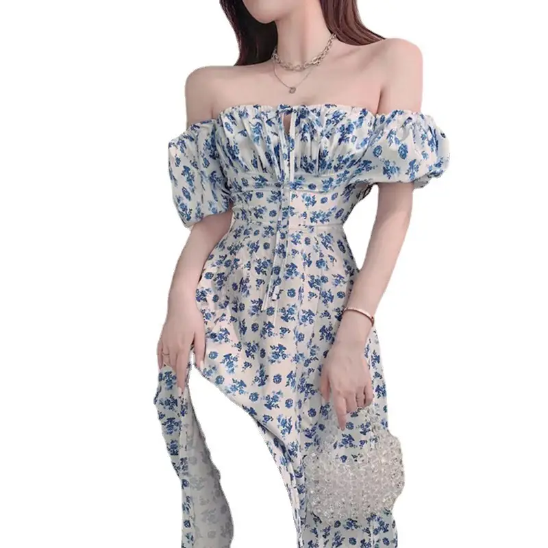 Blue Floral Long Split Dress Off-Shoulder Tea Break - Image 6