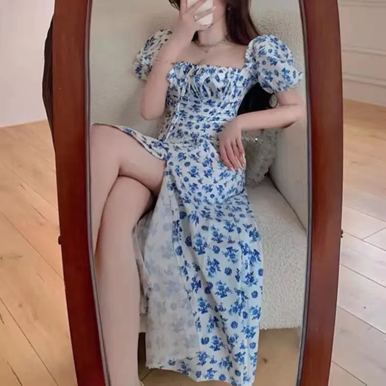 Blue Floral Long Split Dress Off-Shoulder Tea Break — feature 3