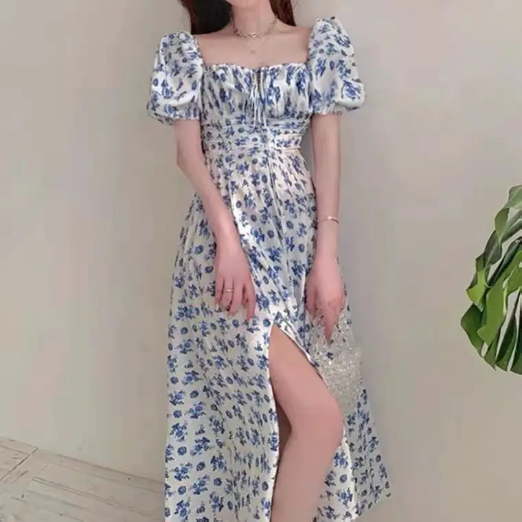 Blue Floral Long Split Dress Off-Shoulder Tea Break — feature 4