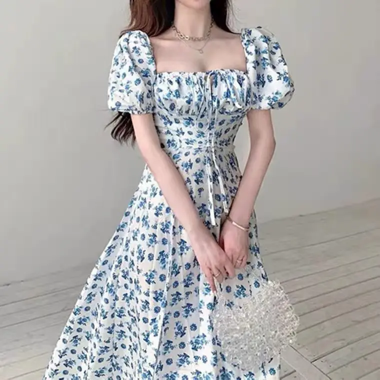 Blue Floral Long Split Dress Off-Shoulder Tea Break — feature 7