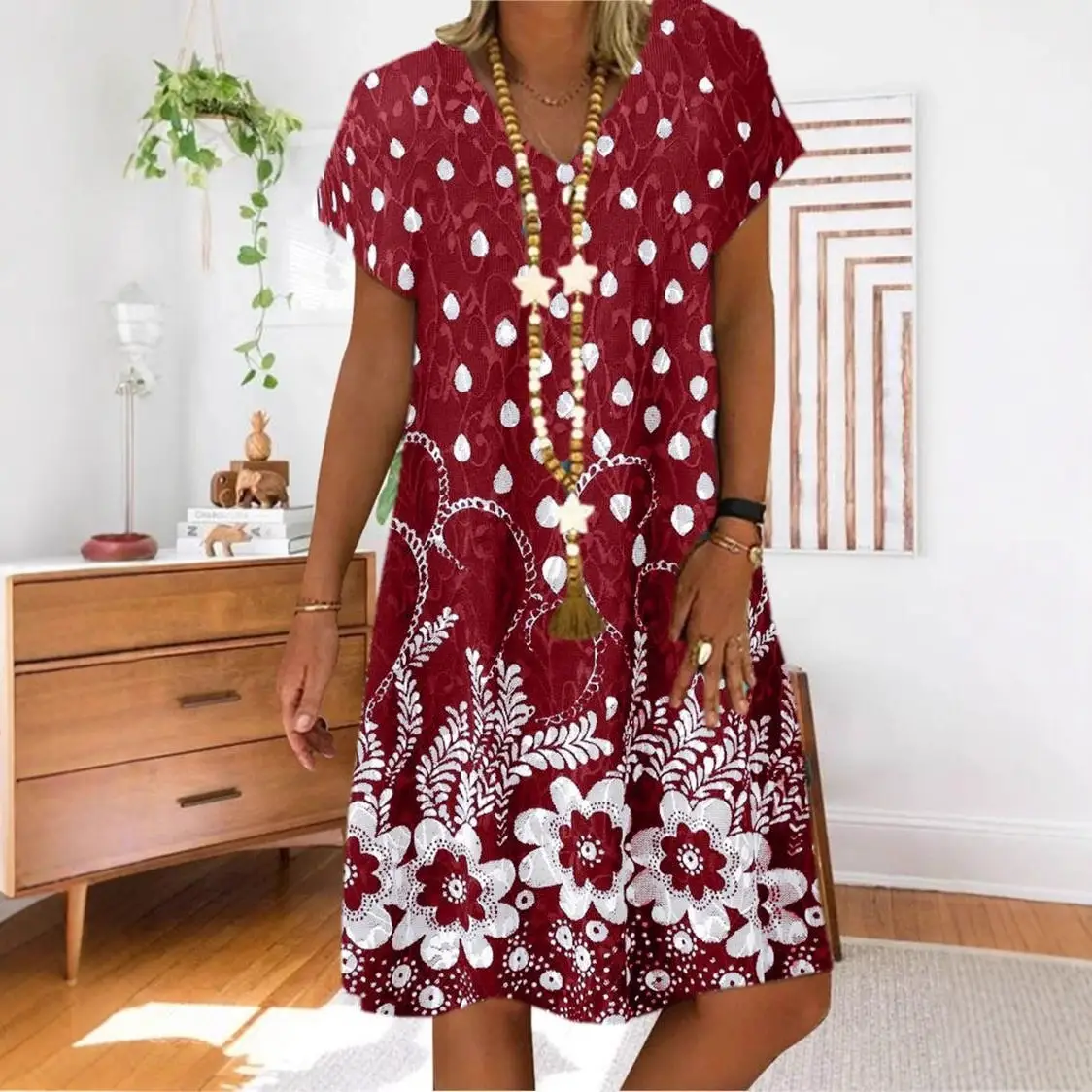 Women's Navy Floral V-Neck Short Sleeve Dress