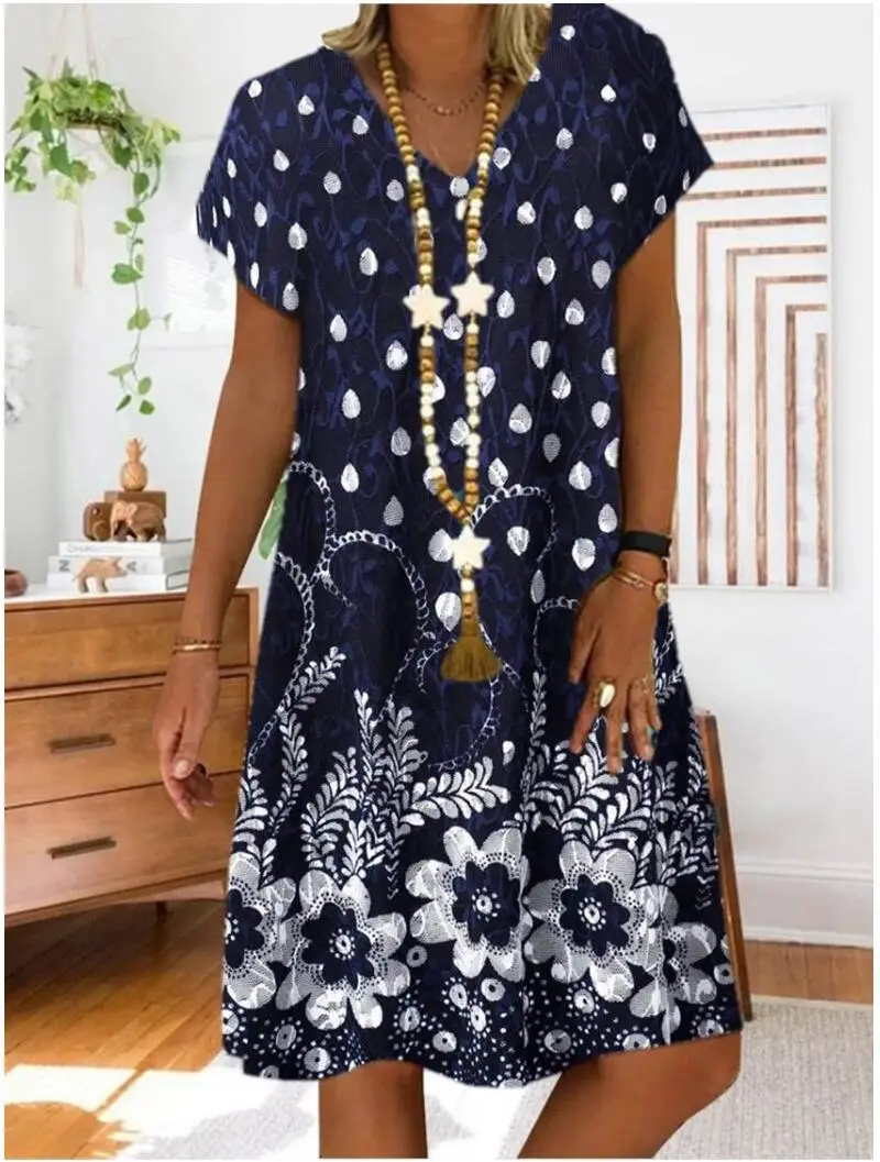 Women's Navy Floral V-Neck Short Sleeve Dress