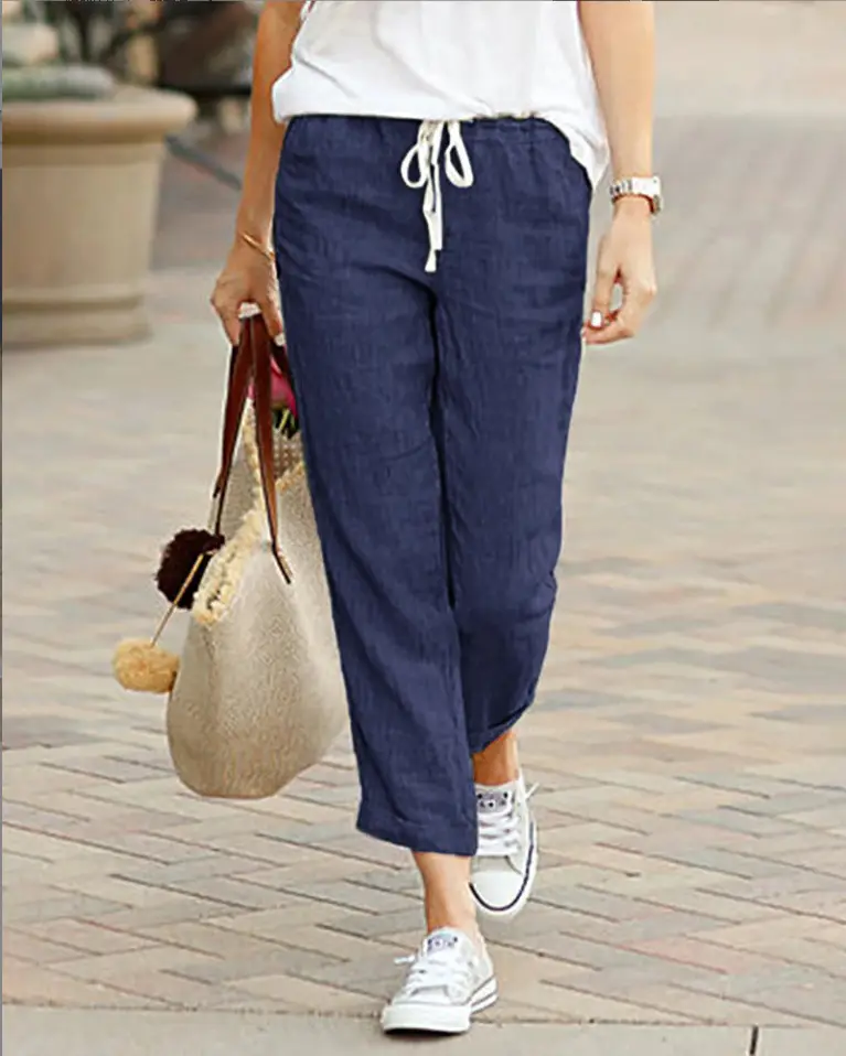 European & American Aliexpress 2023 Cotton Linen Drawstring Pants