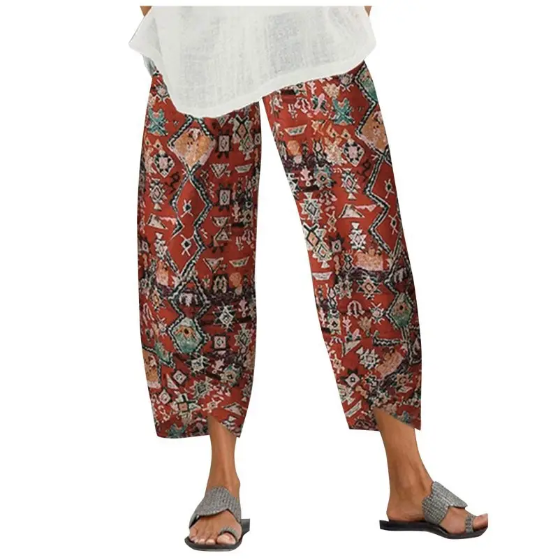 Vintage Printed Loafer Pants for Women Red Patterned - Image 9
