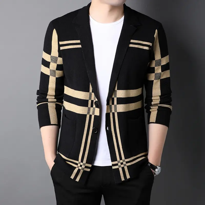 Men's Black Gold Plaid Knitted Jacket