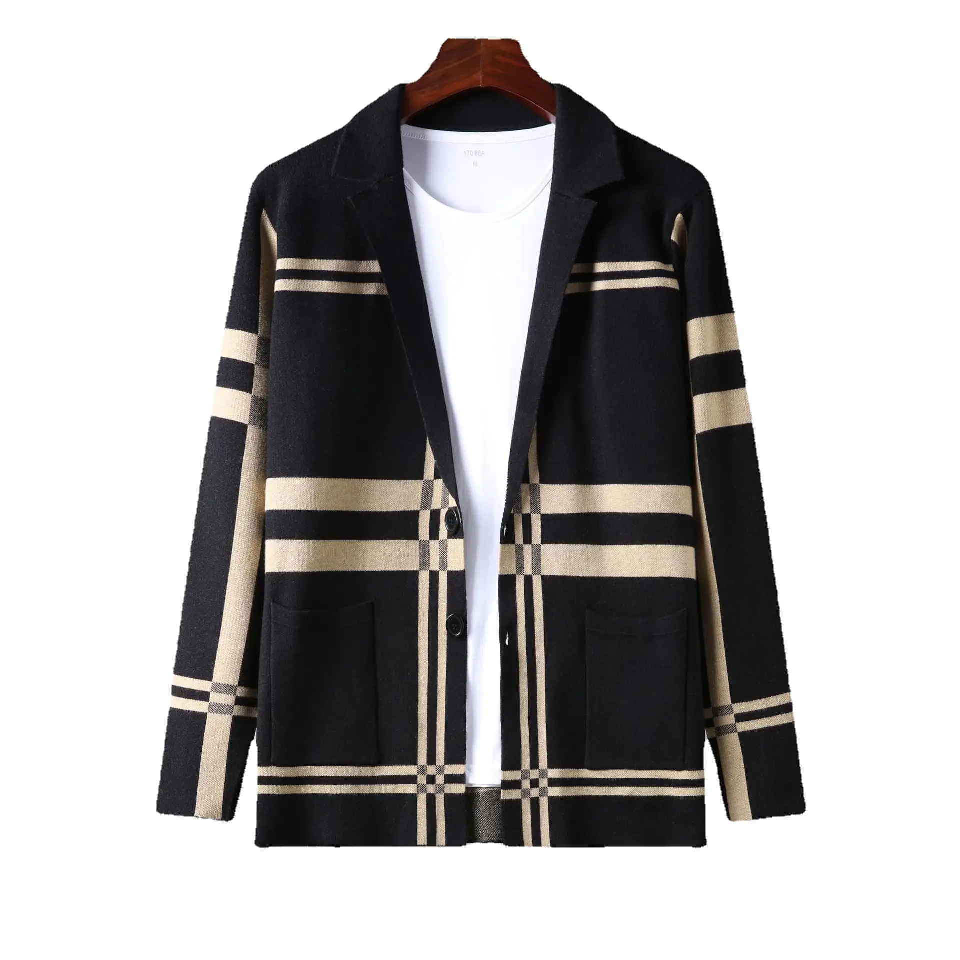 Men's Black Gold Plaid Knitted Jacket