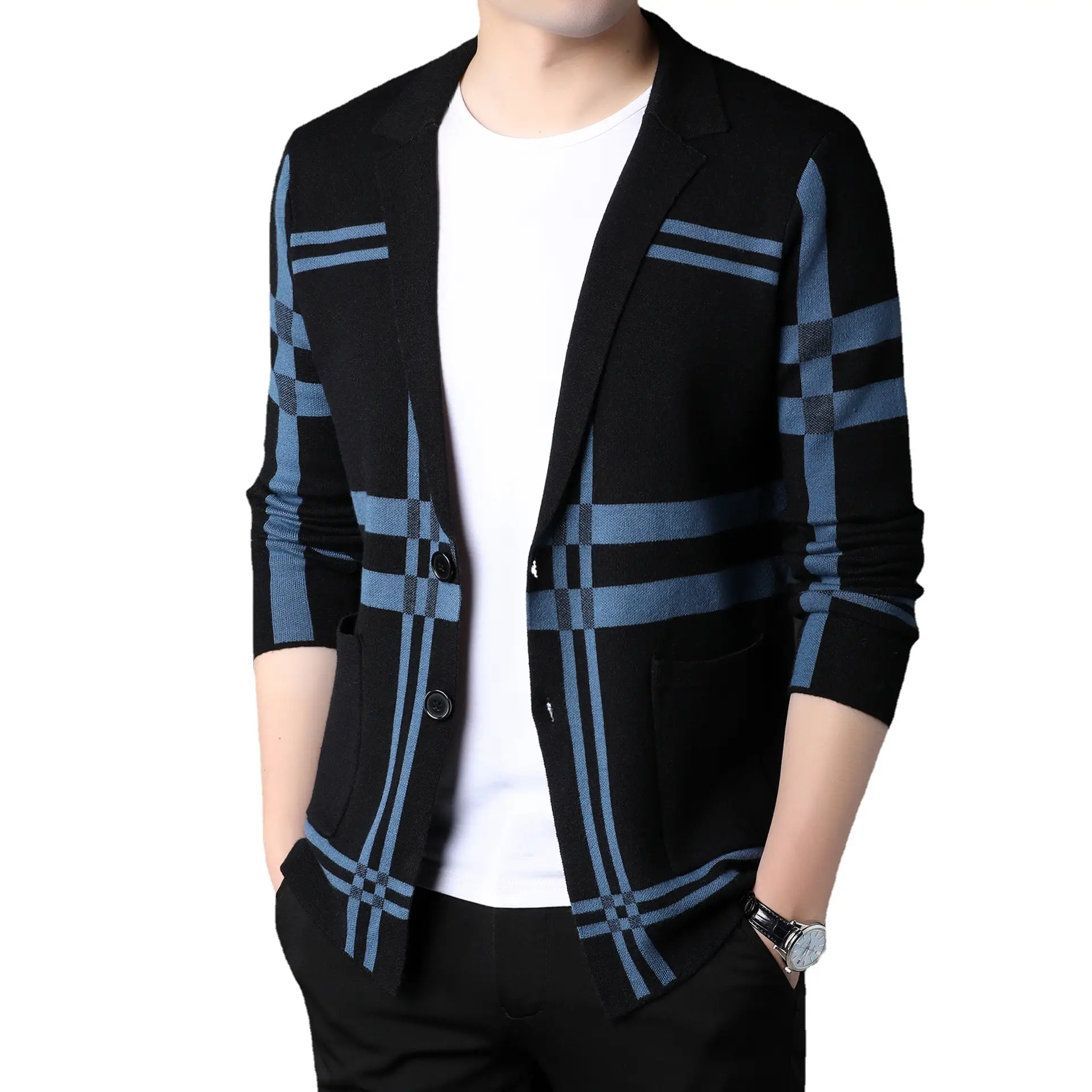 Men's Black Gold Plaid Knitted Jacket
