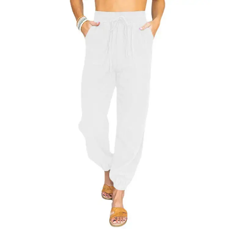 Women's White High Waist Casual Pants with Lace-Up Legs