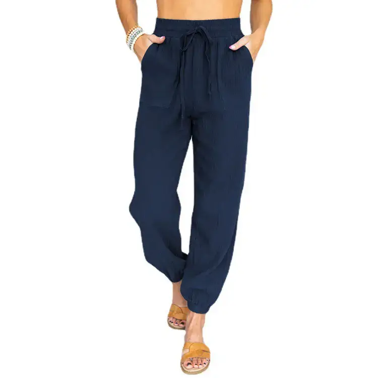 Women's White High Waist Casual Pants with Lace-Up Legs