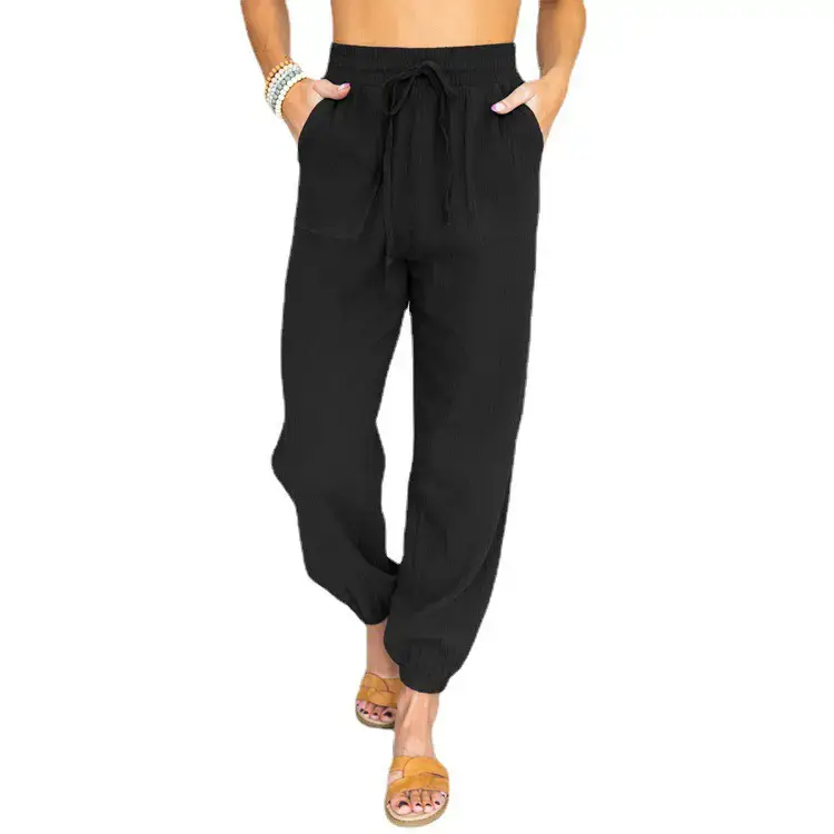 Women's White High Waist Casual Pants with Lace-Up Legs