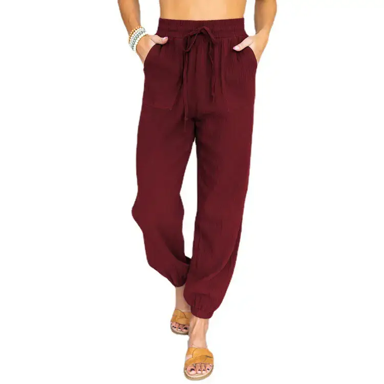 Women's White High Waist Casual Pants with Lace-Up Legs