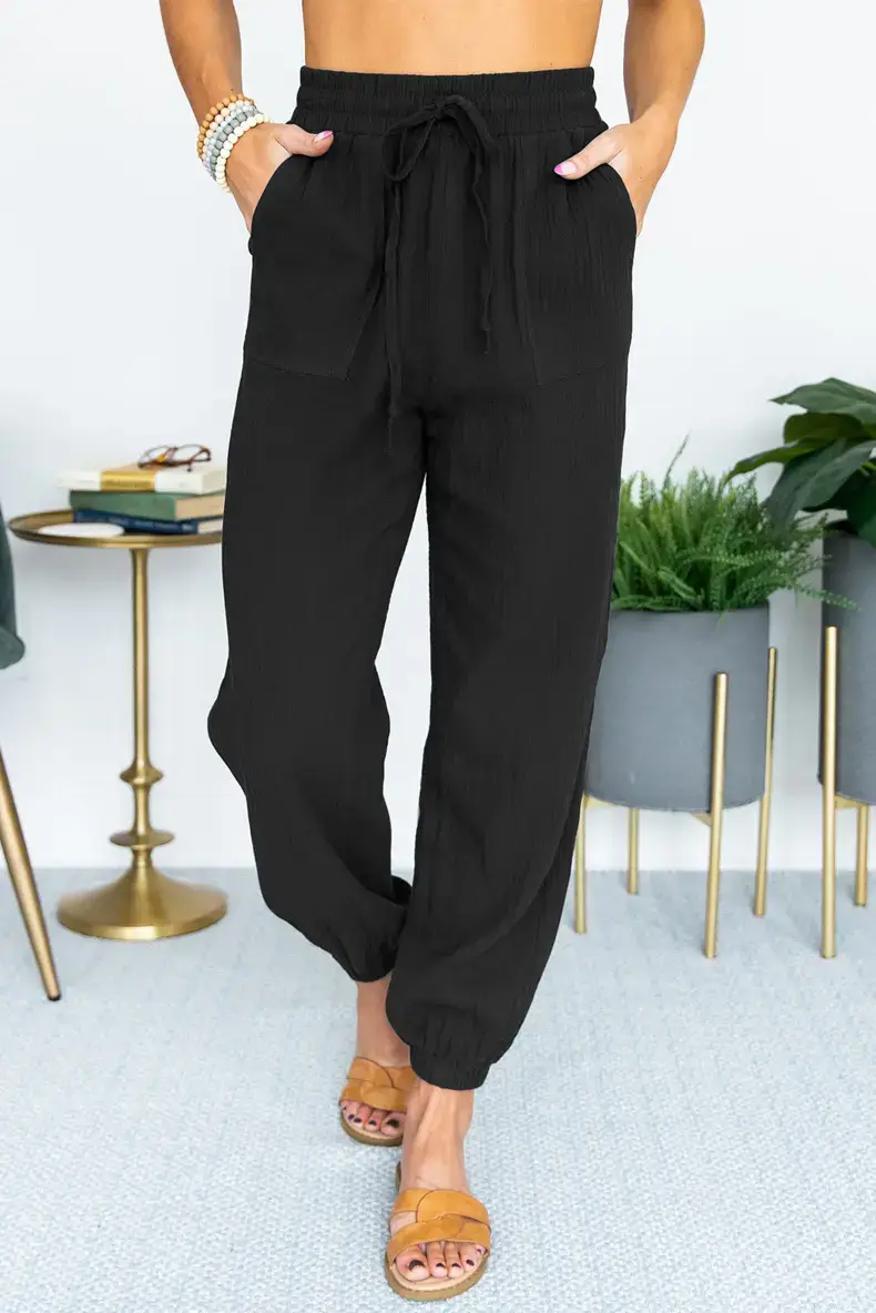Women's White High Waist Casual Pants with Lace-Up Legs