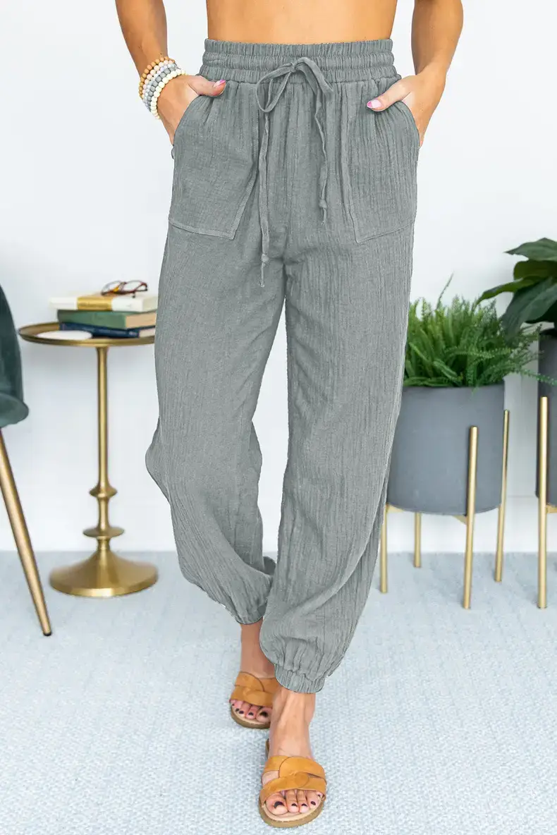 Women's White High Waist Casual Pants with Lace-Up Legs