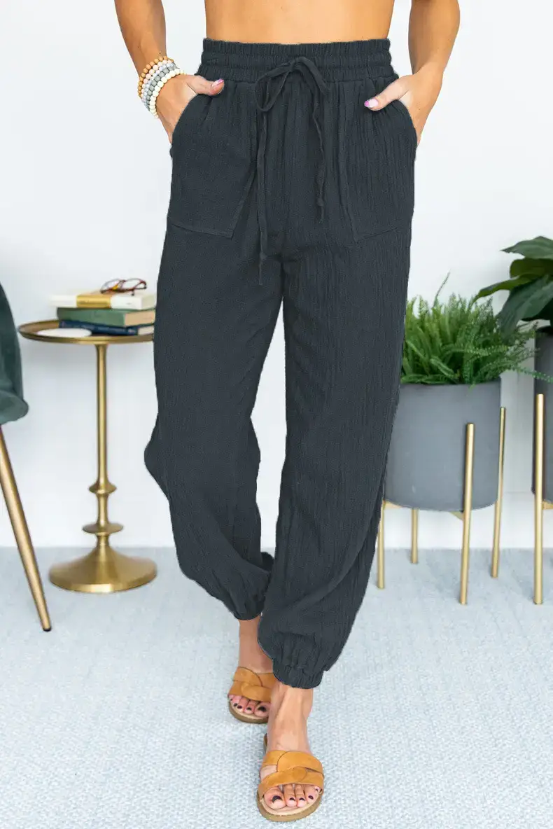 Women's White High Waist Casual Pants with Lace-Up Legs