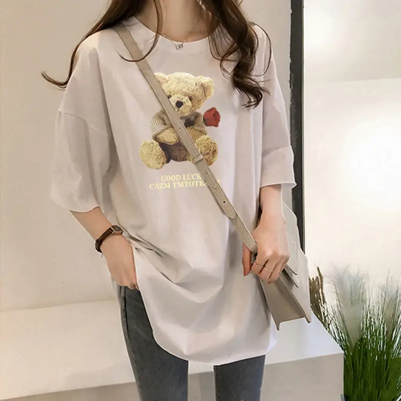 Women Milled Silk Short Sleeve Teddy Bear Print Summer Top - Image 8