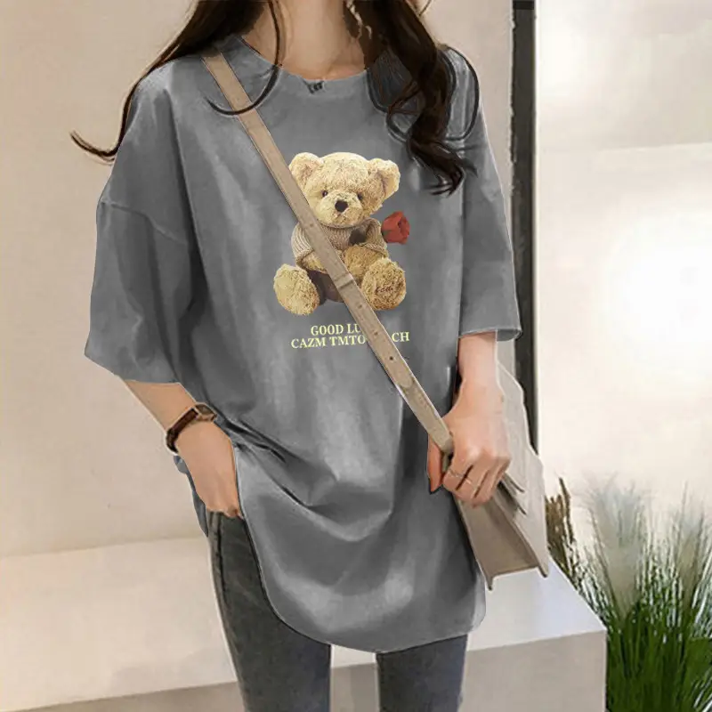 Women Milled Silk Short Sleeve Teddy Bear Print Summer Top - Image 3