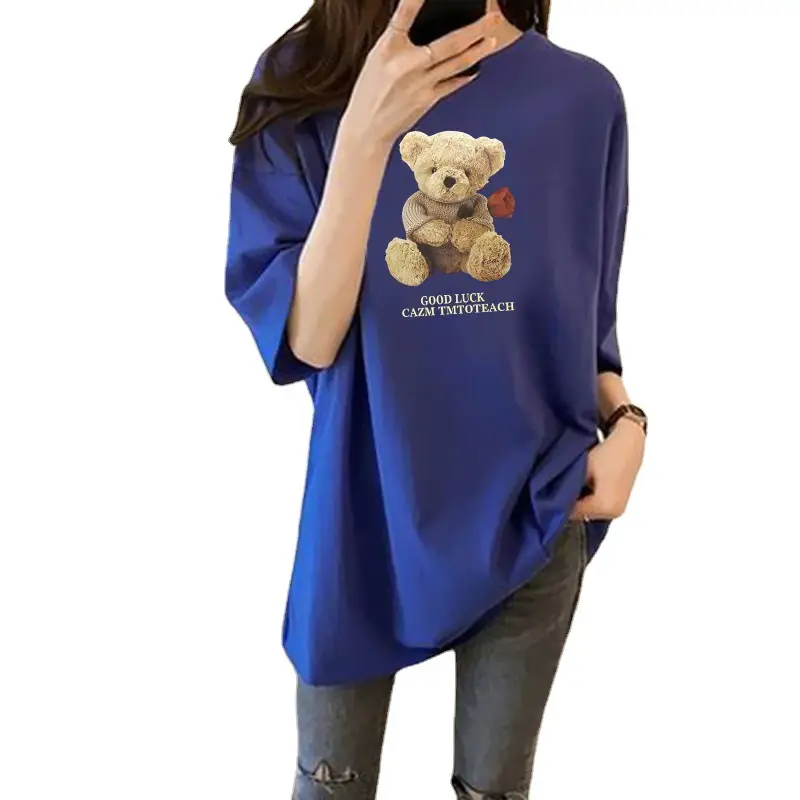 Women Milled Silk Short Sleeve Teddy Bear Print Summer Top - Image 12