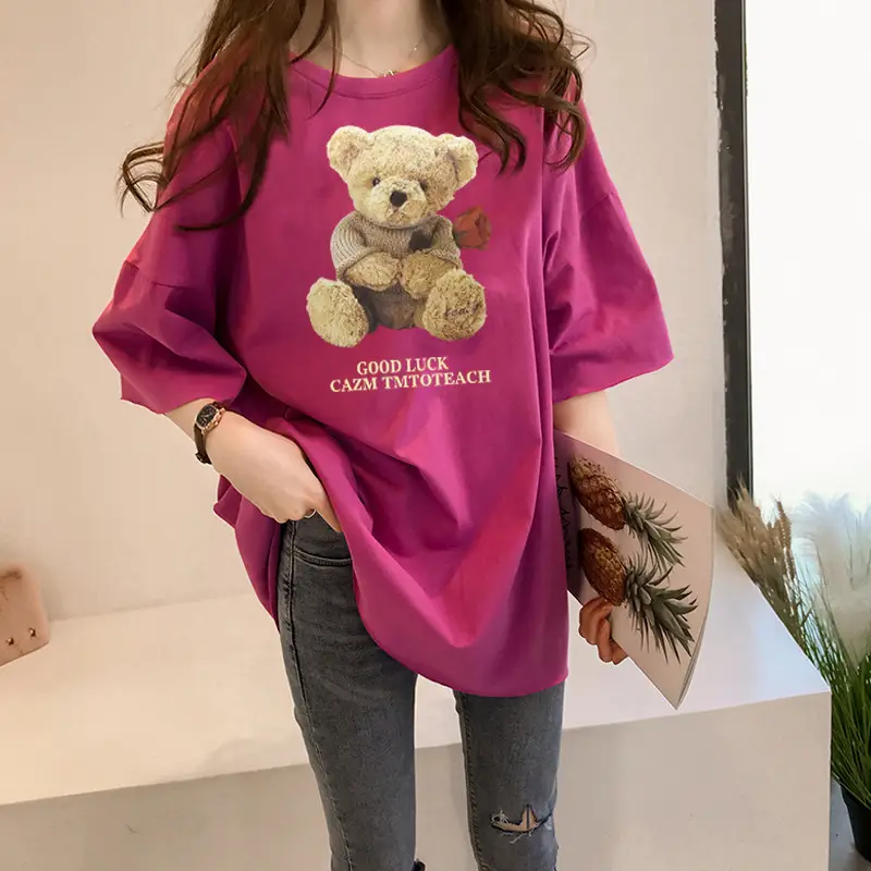 Women Milled Silk Short Sleeve Teddy Bear Print Summer Top - Image 10