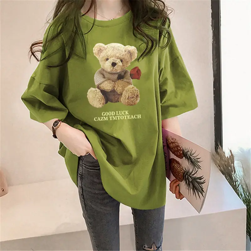 Women Milled Silk Short Sleeve Teddy Bear Print Summer Top - Image 2