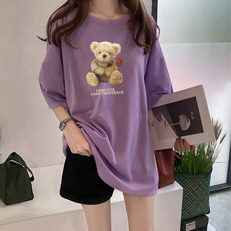Women Milled Silk Short Sleeve Teddy Bear Print Summer Top - Image 4