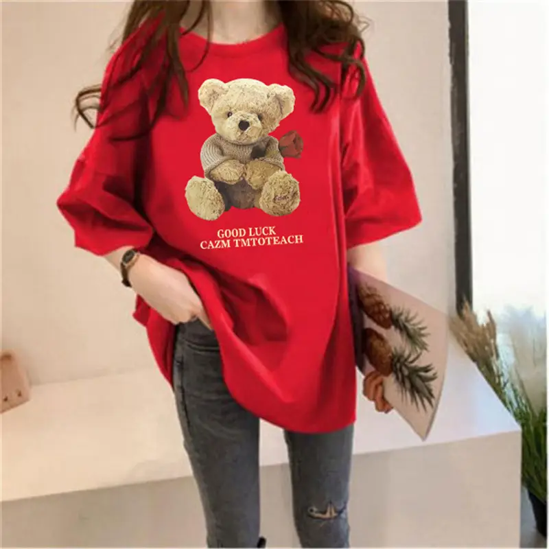 Women Milled Silk Short Sleeve Teddy Bear Print Summer Top - Image 5
