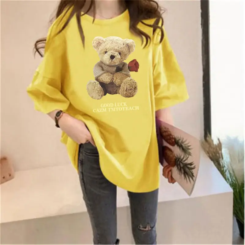 Women Milled Silk Short Sleeve Teddy Bear Print Summer Top - Image 6