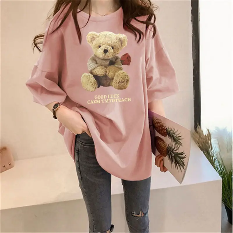 Women Milled Silk Short Sleeve Teddy Bear Print Summer Top - Image 7