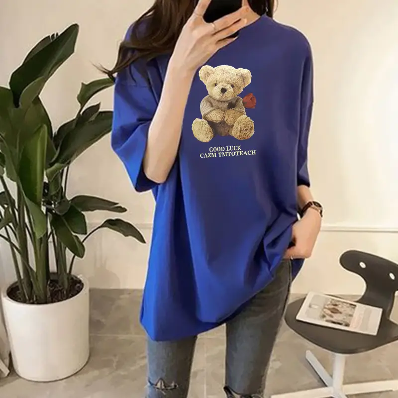 Women Milled Silk Short Sleeve Teddy Bear Print Summer Top - Image 9