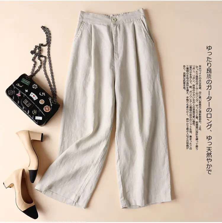 Women White Wide Leg Pants Summer Linen High Waist - Image 3