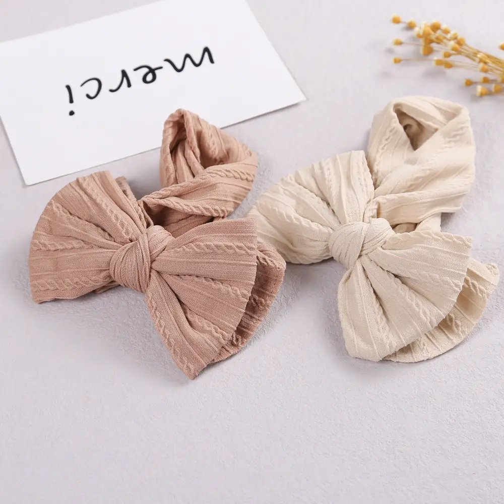 Beige Jacquard Nylon Double Bow Baby Headband - Image 7