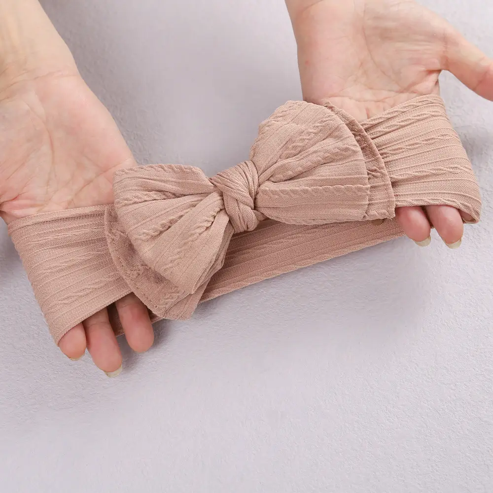 Beige Jacquard Nylon Double Bow Baby Headband - Image 8