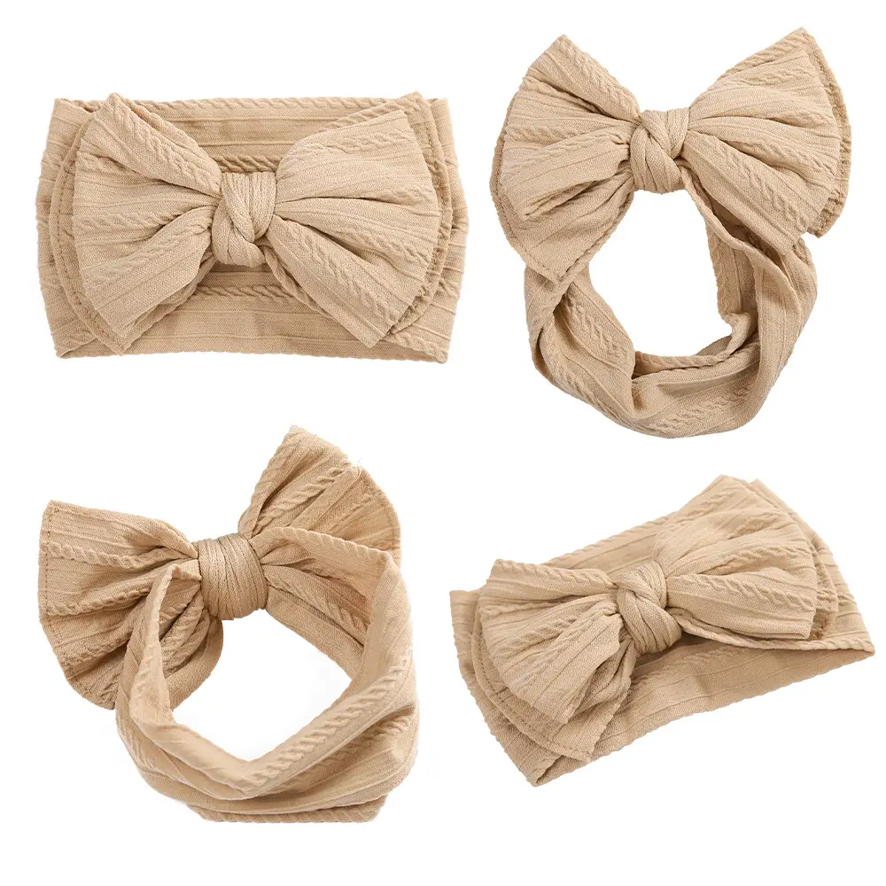 Beige Jacquard Nylon Double Bow Baby Headband - Image 9