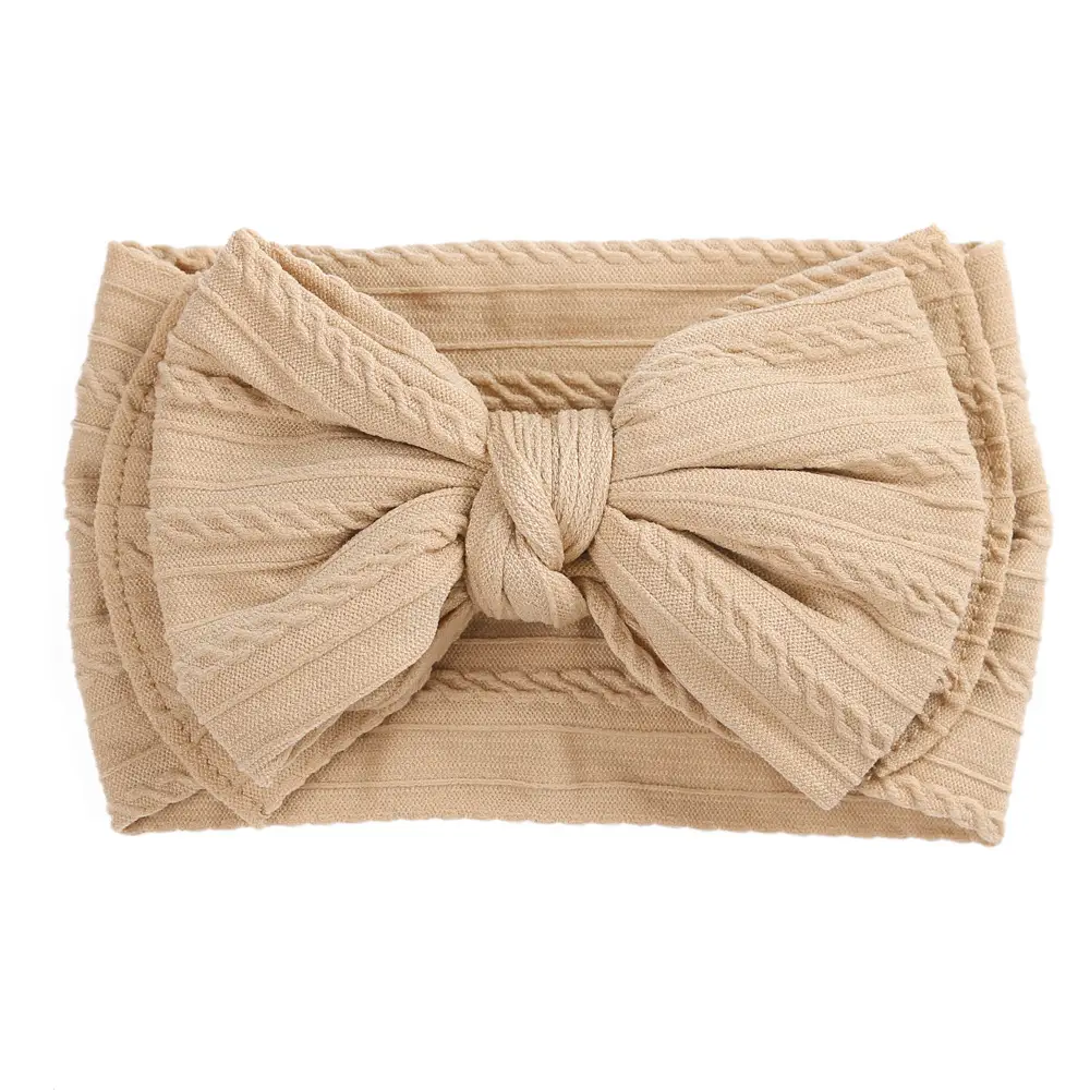 Beige Jacquard Nylon Double Bow Baby Headband - Image 10