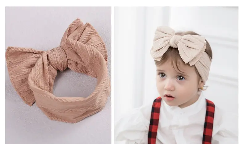 Beige Jacquard Nylon Double Bow Baby Headband — feature 11